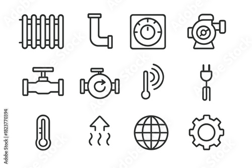 Heat Distribution Icons. Line style icons of Heat Distribution: Radiator, Pipe, Thermostat, Pump; Valve, Flow Meter, Sensor, Cable
