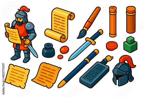 Sword & Scroll Icons. Isometric vector illustration set Sword & Scroll: scholar knight, unrolled text scroll, calligraphy brush,