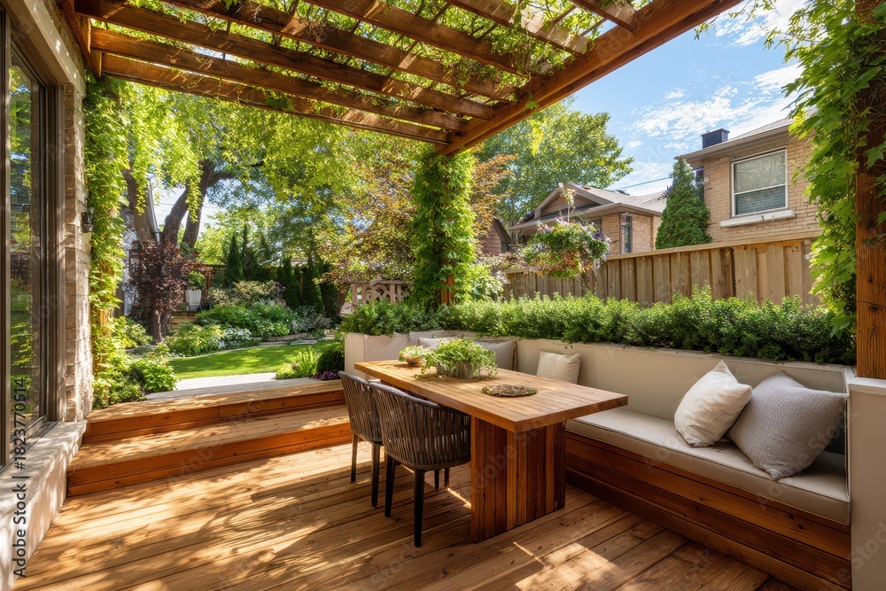Fototapeta premium Sunny outdoor living space: walkout deck with pergola and greenery