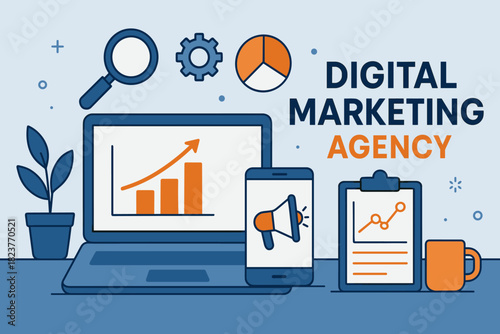 Digital Marketing Workspace. Vector flat design banner for digital marketing agency, featuring devices, charts, and minimalist