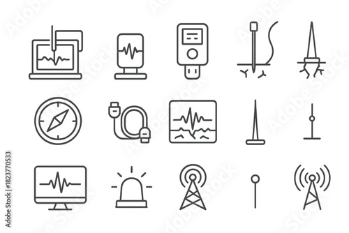 Seismic Instruments Icons. Line style icons of Seismic Instruments: Seismometer, Vibration Sensor, Data Logger, Ground Probe;