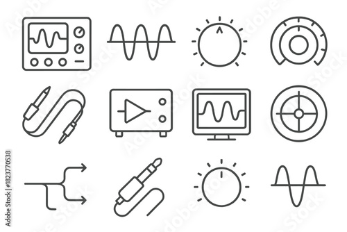 Cybernetic Line Icons. Line style icons of cybernetics: oscilloscope, wave pattern, control dial, frequency knob; sensor probe,