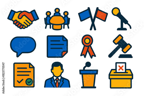 Diplomacy Icon Set. Flat vector icons of Diplomacy & Negotiation: Handshake, Conference Table, Flag Icons, Speech Bubble, Document