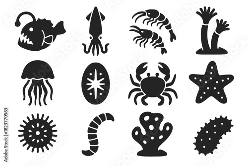 Deep Sea Creatures. Solid style icons of Deep sea fauna: abyssal fish, giant squid, shrimp cluster, tube worm, jellyfish,
