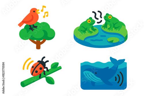 Biophony Icon Set. Isometric vector illustration set Biophony Elements: Birdsong in canopy, frog chorus by pond, insect buzz on
