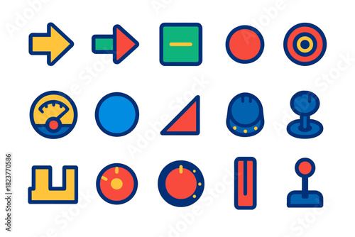 Flat Voltage Icons. Flat vector icons of Voltage Control: CV input, CV output, gate signal, trigger button, voltage meter, patch