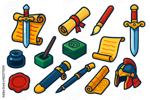 Sword & Scroll Emblems. Isometric vector illustration set Sword & Scroll: scholar warrior emblem, ancient scroll tied, calligraphy