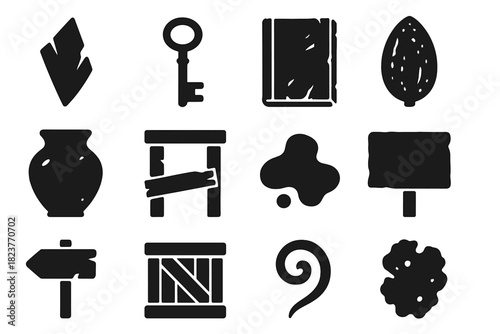 Botanical Relic Icons. Solid style icons of Botanical Relics: Glass Shard, Iron Key, Forgotten Journal, Dried Seed, Clay Pot,