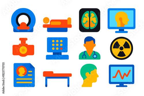 CT Scan Icon Set. Flat vector icons of CT Scans: CT Scanner, Patient, X-ray Slice, Monitor, Tube, Control Panel, Doctor, Radiation