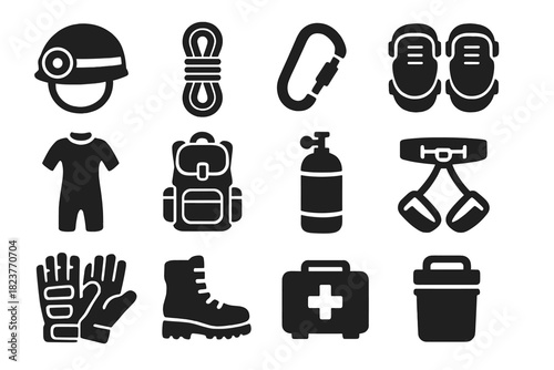 Cave Exploration Essentials. Solid style icons of cave exploration gear: helmet with light, rope coil, carabiner, knee pads,