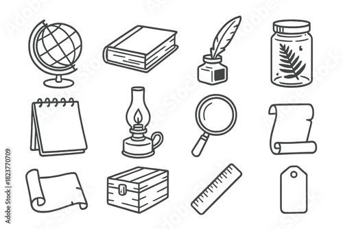 Naturalist Study Icons. Line style icons of naturalist study: globe, old book, ink bottle, quill; sketchpad, candle lamp,