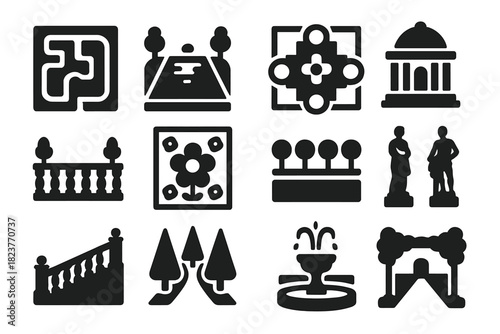 Formal Garden Icons. Solid style icons of formal gardens: hedge maze, reflecting pool, symmetrical plan, pavilion, balustrade