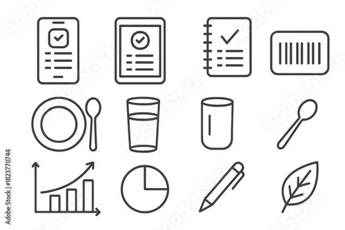Dietary Tracking Icons. Line style icons of Dietary Tracking: App, Smartphone, Tablet, Notebook; Barcode, Plate, Glass, Spoon;