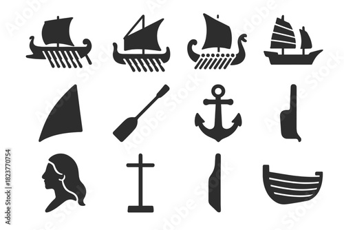 Ancient Ship Icons. Solid style icons of ancient ships: trireme, galley, longship, junk, dhow, sail, oar, anchor, figurehead, mast
