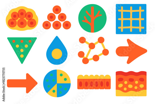 Minimal Tissue Icons. Flat vector icons of tissue development and mechanics: developing tissue, cell cluster, branching structure,