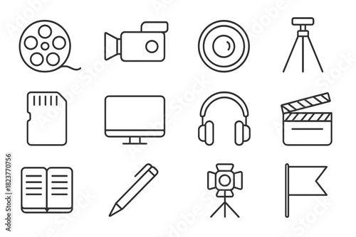 Visual Documentation Icons. Line style icons of Visual Documentation: Film Reel, Camera, Lens, Tripod; Memory Card, Monitor,