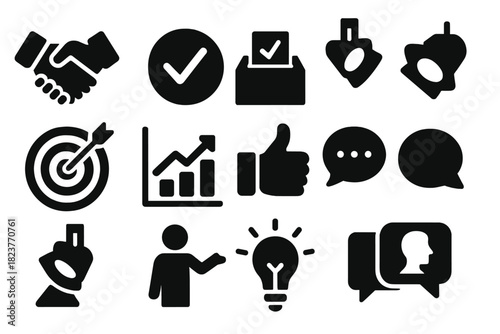 Persuasion Strategy Icons. Solid style icons of persuasion strategies: handshake, approval check, vote box, spotlight, target,