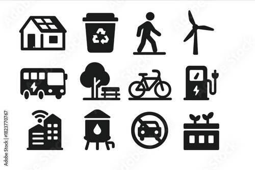 Eco City Icons. Solid style icons of Eco Cities: solar panel roof, recycling system, pedestrian zone, wind turbine, e-bus, green