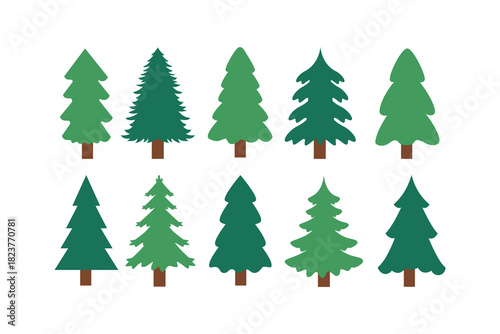 Green Evergreen Tree Collection. Decorative Winter Pine Tree Set. Winter Evergreen Decoration Pack.
