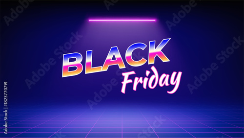 Black friday neon offer banner. Stage illuminated by neon, pink purple led spotlight, blue background. Minimalistic backdrop design for presentation, advertising. Modern concept black friday. Vector