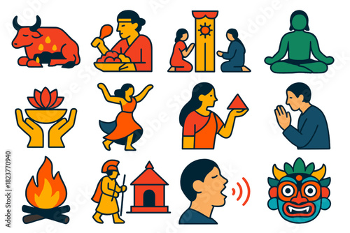 Mythical Ritual Icons. Flat vector icons of Mythological Rituals: Sacrifice, Feast, Ceremony, Meditation, Offering, Dance,