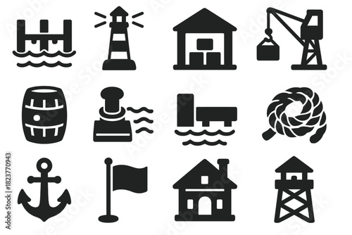 Historical Port Icons. Solid style icons of historical ports: dock, lighthouse, warehouse, crane, cargo barrel, ship mooring, quay