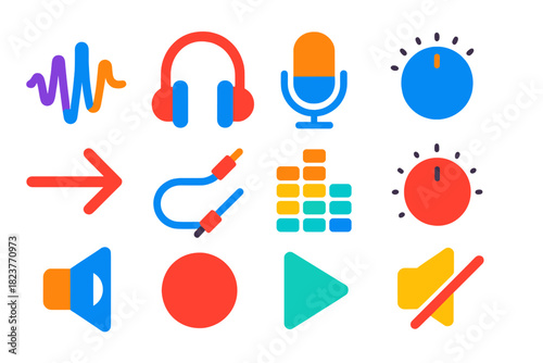 Sound Engineering Icons. Flat vector icons of Sound Engineering Symbols: audio wave, headphone icon, mic symbol, gain knob, signal