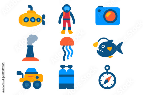 Deep-Sea Exploration Icons. Flat vector icons of deep-sea exploration: submarine, diver, underwater camera, sonar, hydrothermal