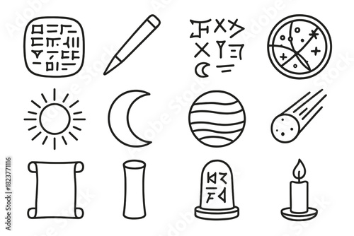 Babylonian Icon Collection. Line style icons of Babylonian Records: Clay Tablet, Stylus, Cuneiform, Star Map; Sun, Moon, Planet,