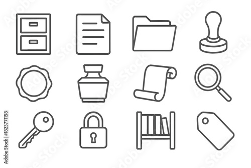 Archive Icons Collection. Line style icons of Archives: Filing Cabinet, Document, Folder, Stamp; Seal, Inkpot, Paper Roll,