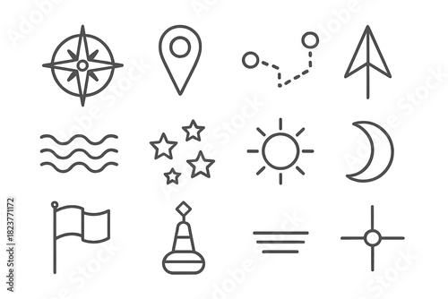 Navigational Line Icons. Line style icons of Navigational Symbols: Compass Rose, Map Pin, Route Line, North Arrow; Waves, Stars,