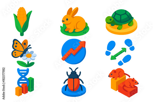 Adaptive Trait Icons. Isometric vector illustration set Apparent purposefulness in organisms: plant and animal adaptive traits,