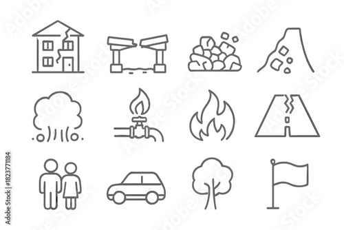 Earthquake Effects Icons. Line style icons of Earthquake Effects: Cracked Building, Fallen Bridge, Rubble, Landslide; Dust Cloud,