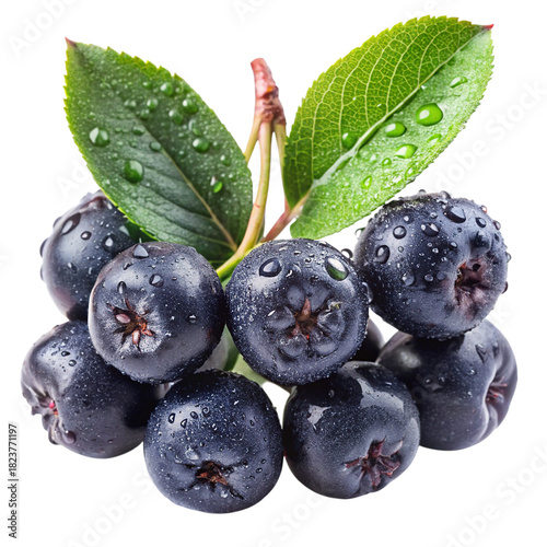 Fresh aronia chokeberries with green leaves and water drops