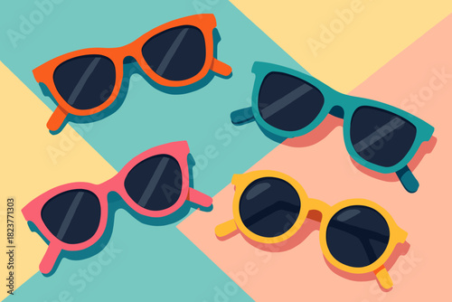 Vibrant Sunglasses Display. Flat lay of vibrant sunglasses on a pastel background, modern and playful design, dynamic composition,