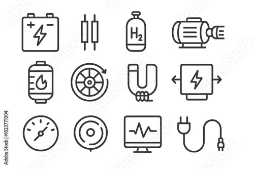 Energy Storage Icons. Line style icons of Energy Storage: Battery, Capacitor, Hydrogen Tank, Pump; Thermal Storage, Flywheel,