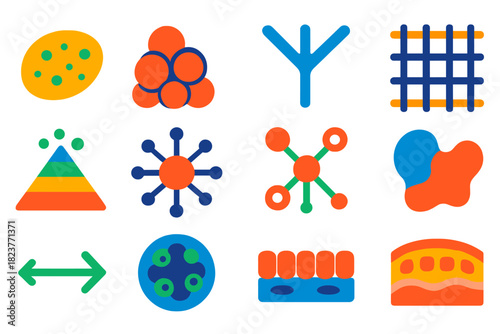 Minimal Tissue Icons. Flat vector icons of tissue development and mechanics: developing tissue, cell cluster, branching structure,