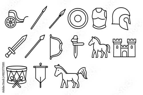 Ancient Warfare Icons. Line style icons of Ancient Warfare: Chariot, Spear, Shield, Helmet; Sword, Bow, Arrow, Armor; War Drum,