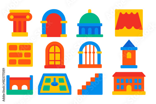 Historical Architecture Icons. Flat vector icons of Historical Architecture: Column, Arch, Dome, Roof Tile, Stone Wall, Window,