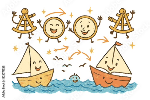 Cheerful Nautical Puzzle. Cheerful doodle longitude puzzle scene with happy sailors, cartoon clocks and sextants waving, smiling