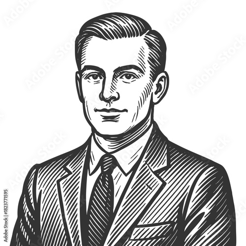 confident young man in a suit, representing professionalism, leadership, and success sketch engraving generative ai fictional character vector illustration. Scratch board imitation. Black and white.
