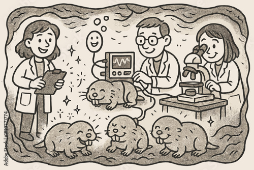 Cheerful Subterranean Lab. Friendly doodle subterranean physiology lab with happy researchers, cartoon mole-rats with faces,