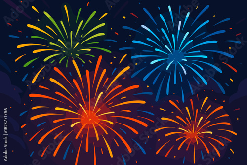 Vibrant Fireworks Celebration. Dynamic vector illustration fireworks display in vivid colors bursting across a dark sky, energetic