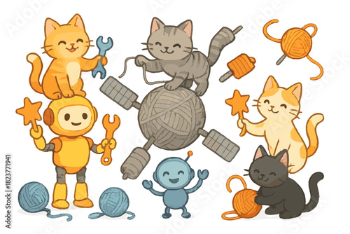 Cats Space Station Construction. Group of cats building a space station with yarn satellites, star-shaped tools, and cheerful