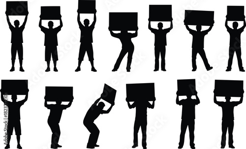 Protest People Silhouettes Vector Set, Activists Holding Blank Sign Board, Demonstration, Political Rally, Strike, Public Meeting, Message Banner Graphic Design Elements Isolated.