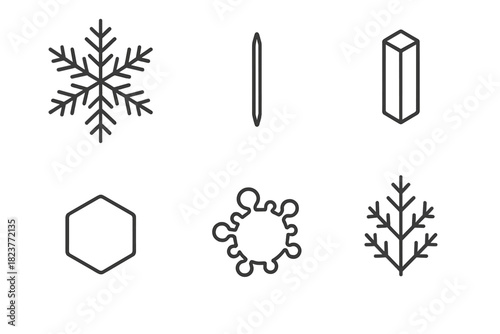 Ice Crystal Icons. Line style icons of Ice Crystal Shapes: dendrite snowflake, needle crystal, columnar form, plate-shaped ice,