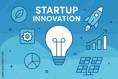 Innovative Startup Design. Flat vector social media post about startup innovation, clean tech-inspired layout, geometric icons,