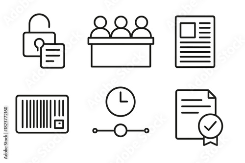 Scientific Publication Icons. Line style icons of Scientific Publication: open access journal, editorial board table, typeset