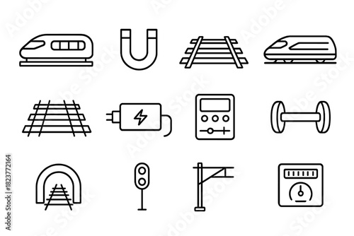 Magnetic Transport Icons. Line style icons of Magnetic Transportation: Maglev Train, Electromagnet, Track, High Speed; Rail, Power