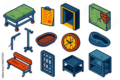 Forgotten Asylum Icons. Isometric vector illustration set Forgotten Asylum: steel gurney, yellowed medical chart, empty passage,